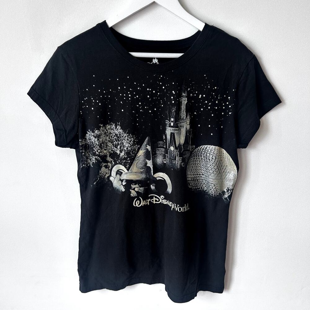 Disney Parks Shirt Size XL Silver Glitter Castle 100% Cotton Mickey Fireworks